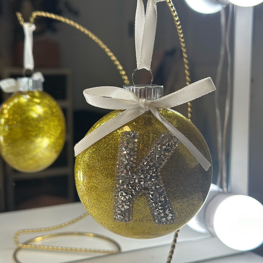 Gold Glitter Ornament with Silver initial K